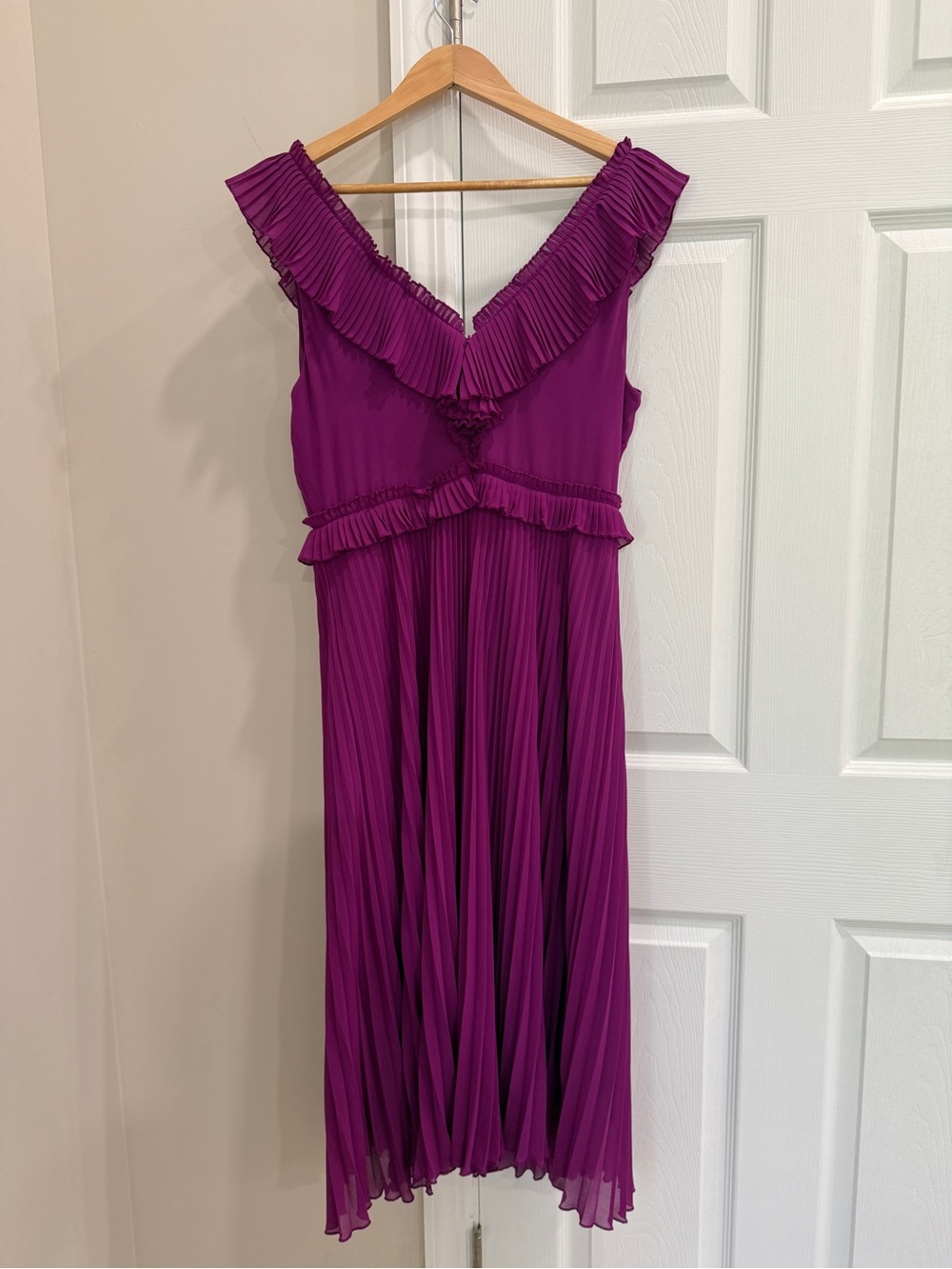Sezane Pleated Ruffle Midi Dress in Vibrant Magenta